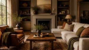 Cozy family room in warm cream, caramel, olive green, and muted terracotta with layered textiles and lamplight