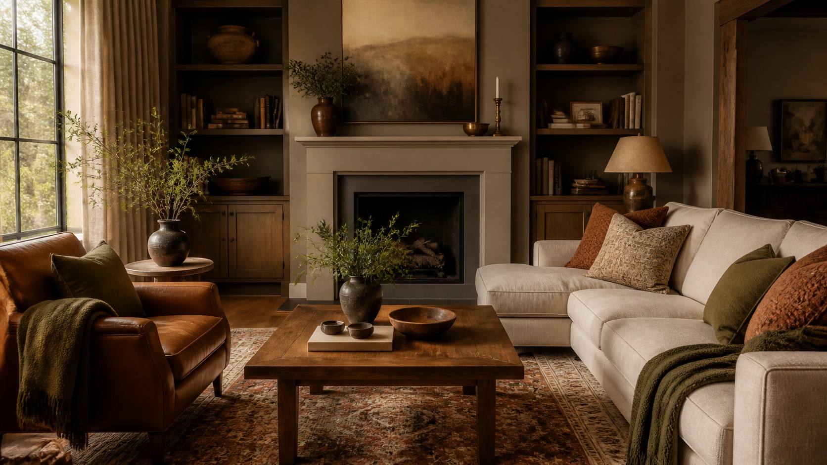 Cozy family room in warm cream, caramel, olive green, and muted terracotta with layered textiles and lamplight