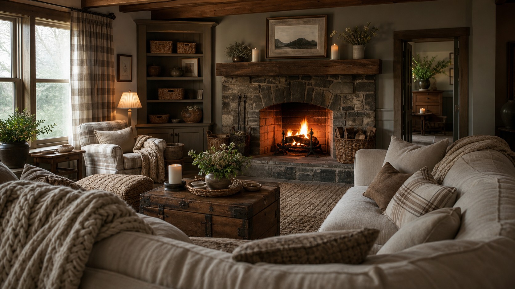 Cozy Farmhouse Family Room Ideas That Make You Want to Stay In All Day with comfortable seating, a generous rug, warm wood, layered lighting, and natural texture
