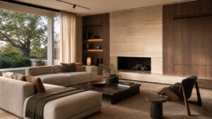High-end modern family room with modular seating, warm oak media wall, natural stone, and concealed technology
