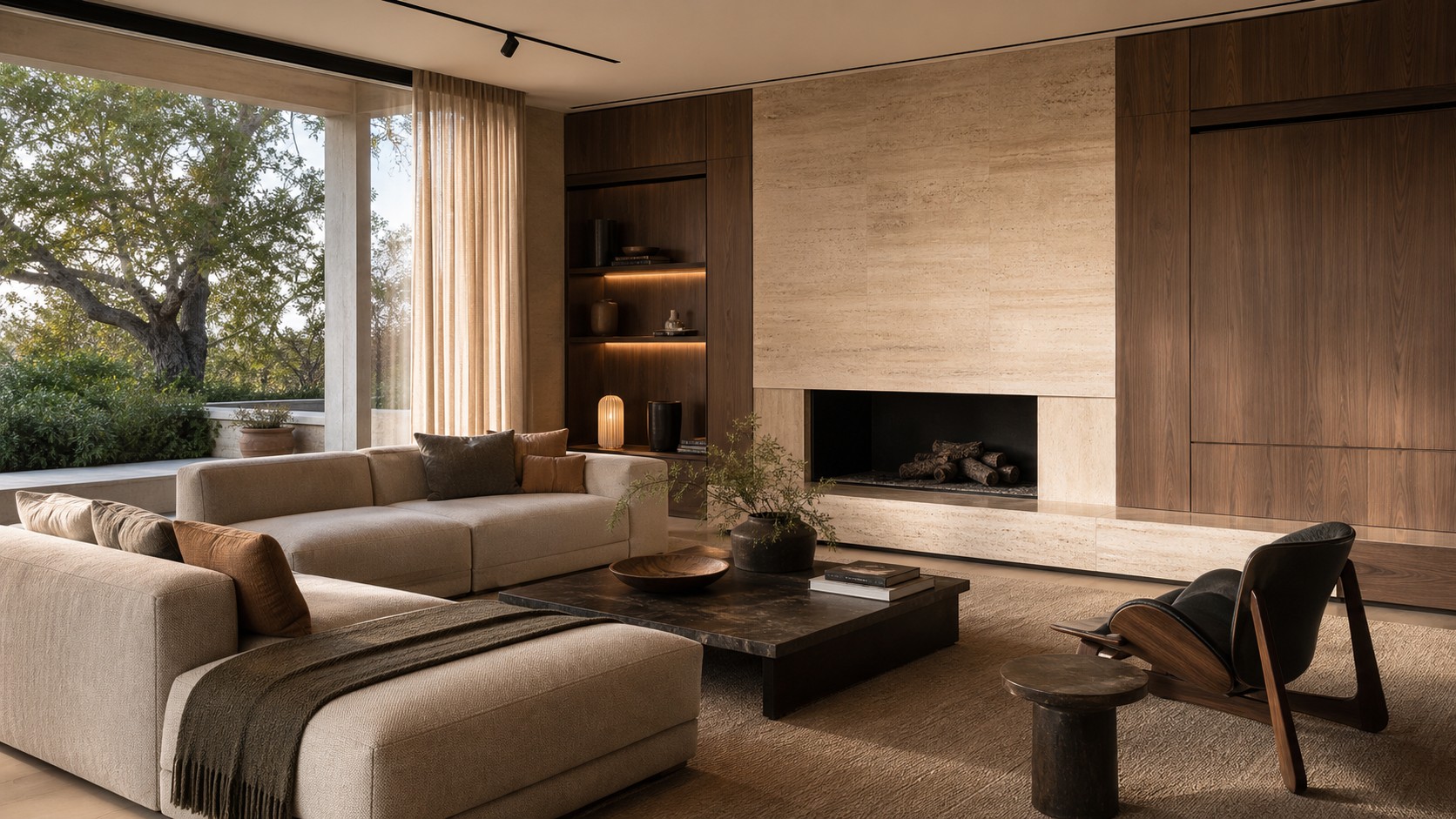 High-end modern family room with modular seating, warm oak media wall, natural stone, and concealed technology