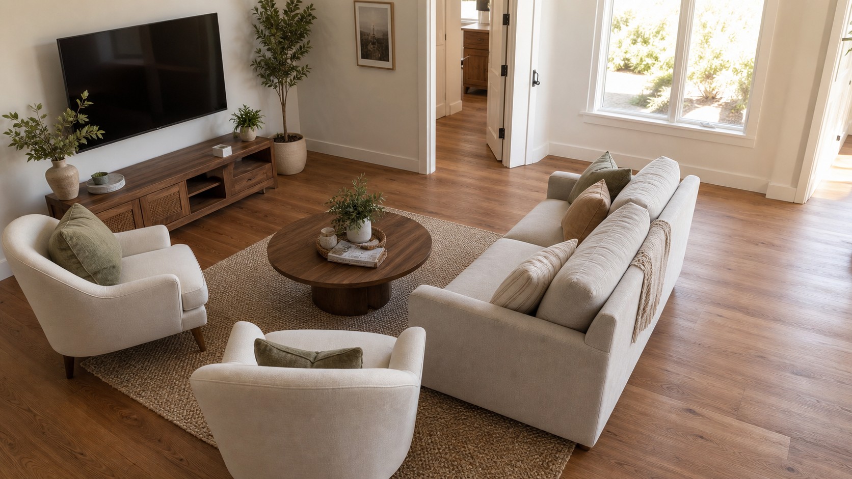 Small family room with compact sofa, two chairs, oval table, unified rug, and clear walking paths