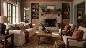 Balanced family room palette with warm white walls, taupe sofa, muted green chairs, walnut tables, and rust accents