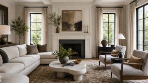 Modern classic transitional family room with clean cream sofa, traditional wood chest, curved chairs, and subtle blue accents