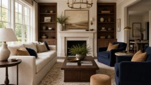 Timeless living room with ivory sofa, navy and sage accents, walnut furniture, natural rug, and classic layered lighting