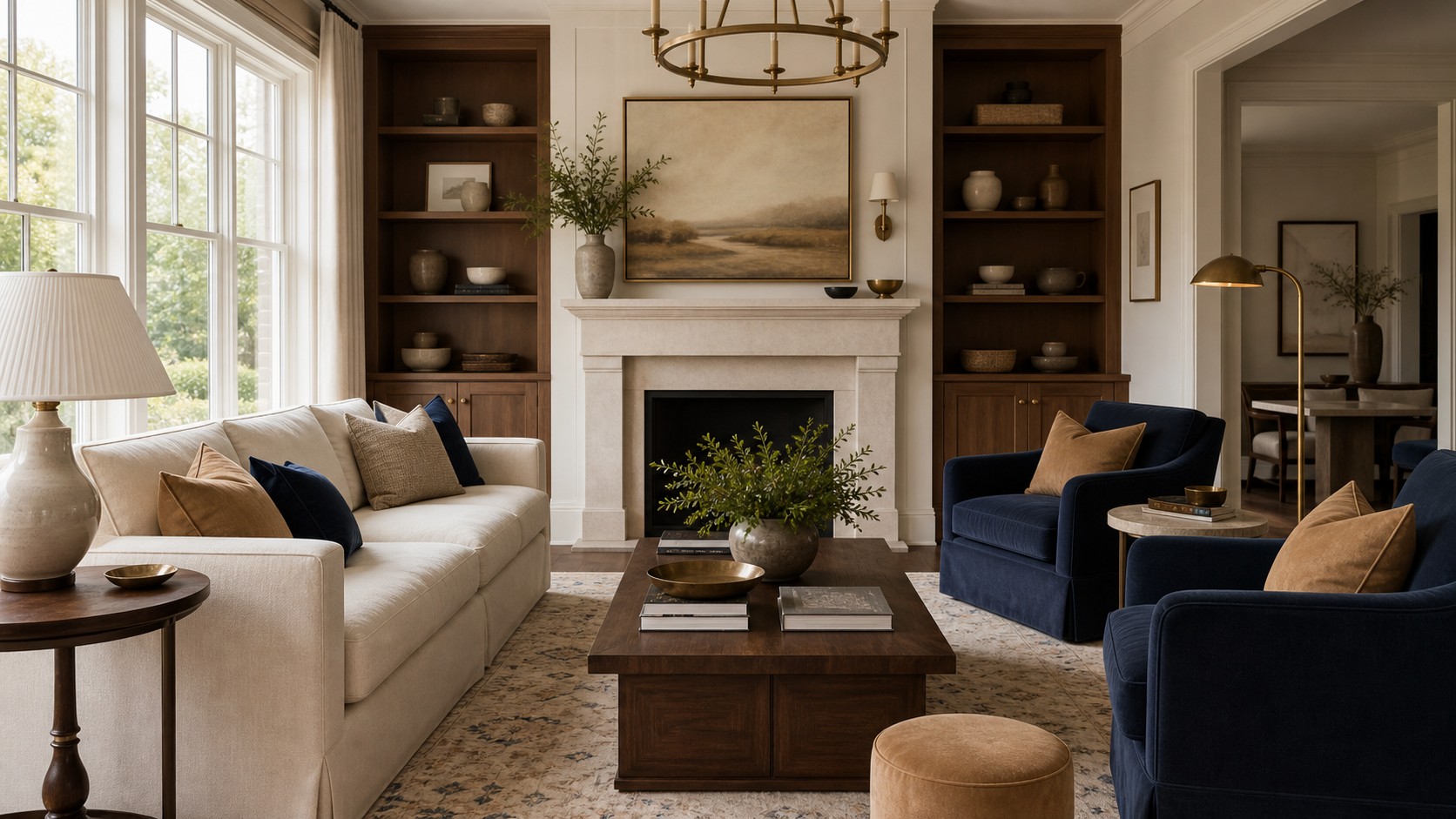 Timeless living room with ivory sofa, navy and sage accents, walnut furniture, natural rug, and classic layered lighting