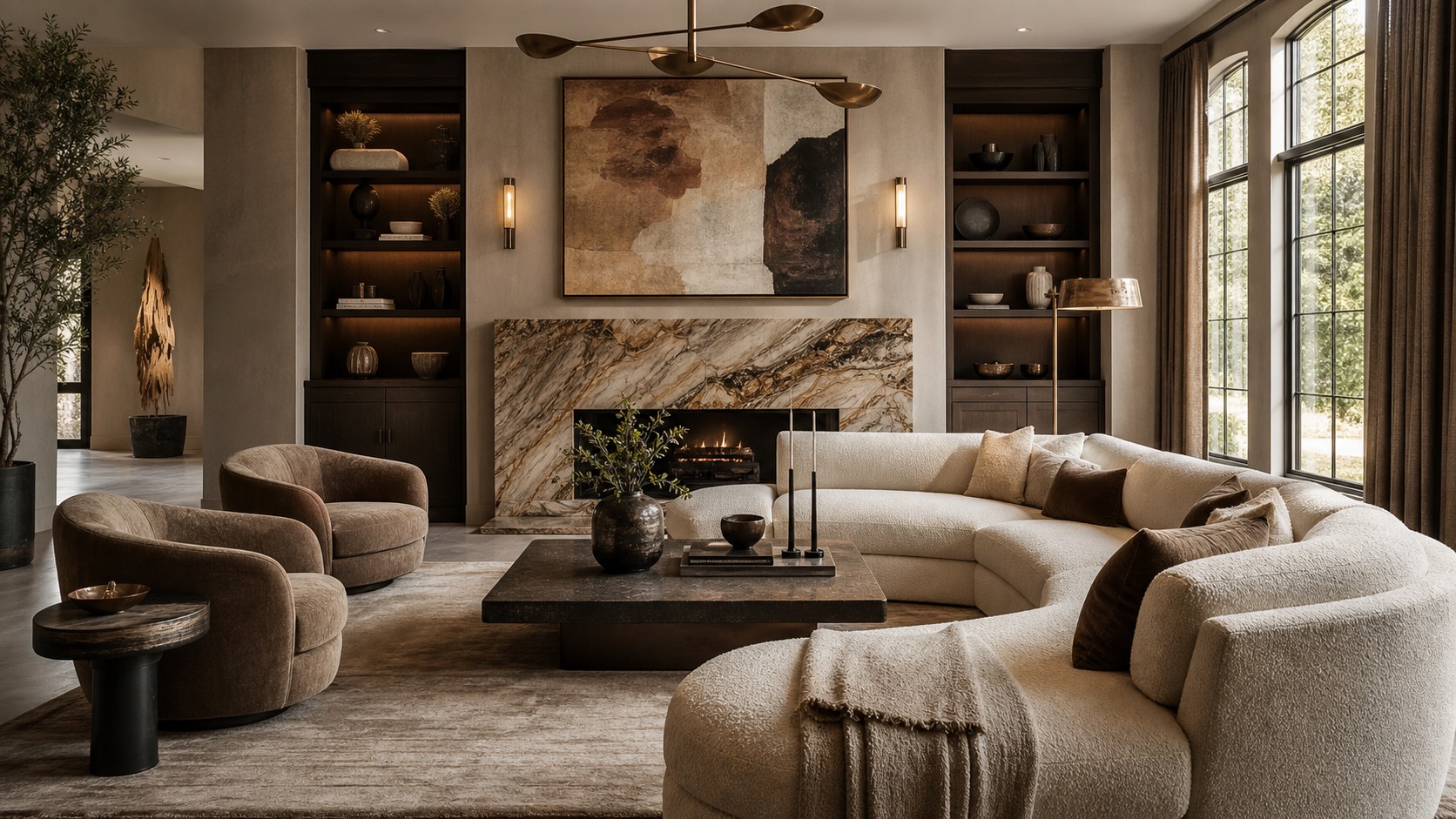 Luxury family room with limestone fireplace, custom oak millwork, sculptural seating, art, and collectible lighting