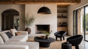 Modern Rustic Living Rooms: How to Blend Farmhouse Style Without Looking Outdated with comfortable seating, a generous rug, warm wood, layered lighting, and natural texture