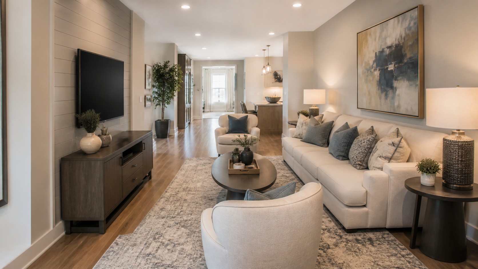Long narrow family room with balanced seating zones, swivel chairs, oval table, and a clear side walkway