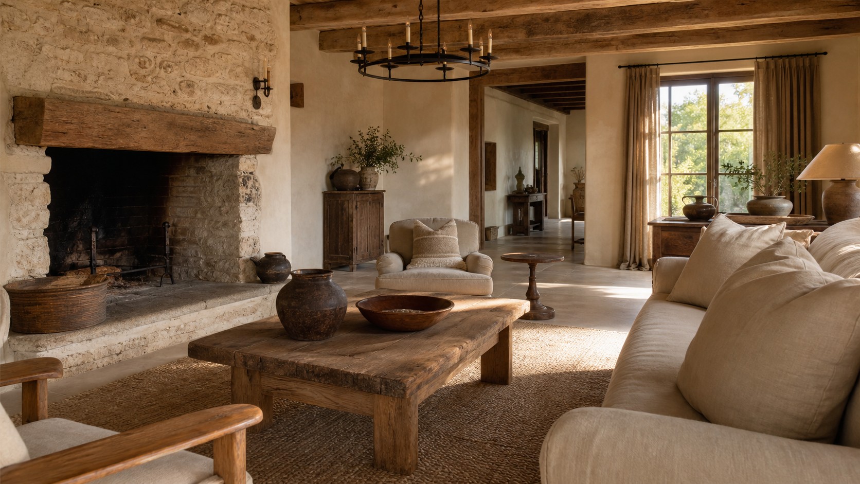 Rustic Farmhouse Family Room Ideas That Feel Warm and Timeless with comfortable seating, a generous rug, warm wood, layered lighting, and natural texture