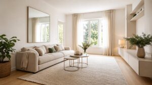 Bright small family room with a slim sofa, oval table, built-in storage, mirror, and layered neutral textures