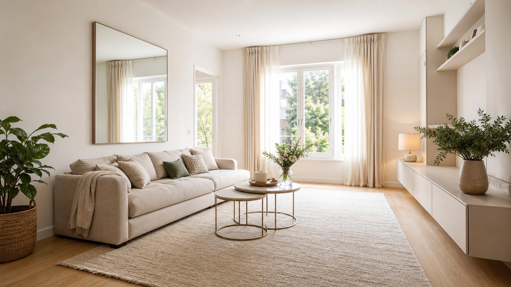 Bright small family room with a slim sofa, oval table, built-in storage, mirror, and layered neutral textures