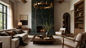 Statement family room with dramatic stone fireplace, sculptural chandelier, rich color, and restrained seating