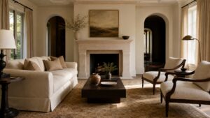 Sophisticated timeless family room with tailored neutral seating, dark wood accents, stone fireplace, and curated artwork