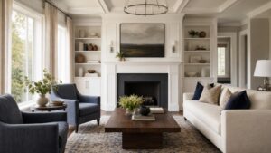 Timeless transitional family room with cream seating, warm wood tables, tailored drapery, and layered neutral decor