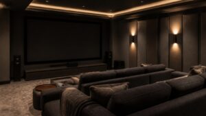 Dark home theater room with sectional seating, acoustic panels, and blank black screen