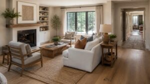Living room furniture arranged with open path behind sofa toward hallway