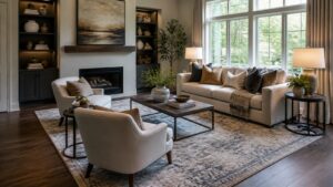 Designer-style living room with sofa, lounge chairs, rug, lamps, and balanced seating around a focal point