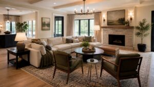 Large family room with sectional, chairs, ottoman, rug, fireplace, and complete seating arrangement